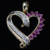 Estate 10K yellow gold diamond & pink sapphire heart pendant