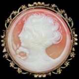 Estate genuine hand-carved shell cameo pin in a gold-toned frame