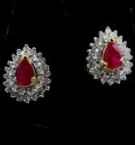 Pair of estate 14K yellow gold diamond & natural ruby stud earrings