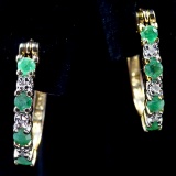 Pair of estate gold-plated sterling silver diamond & natural emerald oval-hoop earrings