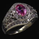 Estate 14K white gold diamond & pink sapphire scroll accented ring