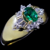 Estate 10K yellow gold diamond & emerald simulant ring
