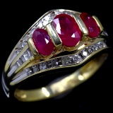 Estate 10K yellow gold diamond & natural ruby 3-stone ring