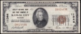 1929 U.S. $20 Fidelity National Bank of Kansas City {MO] brown seal national currency banknote