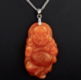 Estate sterling silver orange jade Buddha necklace