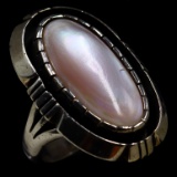 Estate Native American sterling silver pink mother-of-pearl shadow box ring