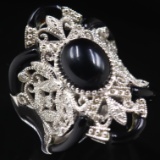 Estate sterling silver diamond & onyx ornate milgrain ring