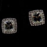 Pair of estate 14K white gold diamond halo & prasiolite stud earrings