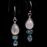 Pair of estate sterling silver aquamarine, raw apatite & moon stone dangle drop earrings