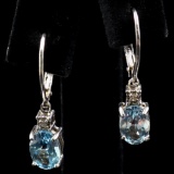 Pair of estate sterling silver diamond & natural blue topaz dangle drop earrings