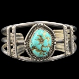 Estate Native American unmarked sterling silver 3-band turquoise cuff bracelet