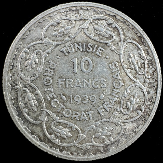 1939 Tunisia silver 10 franc