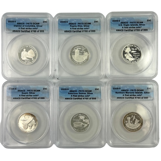 Lot of 6 certified silver proof 2009-S U.S. territorial quarters