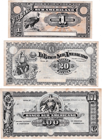 Lot of 3 1920 Ecuador remnant banknotes