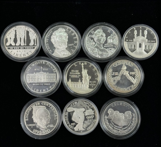 Lot of 10 different certified proof U.S. commemorative silver dollars
