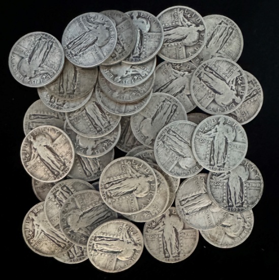 Roll of 40 average circulated U.S. standing Liberty quarters