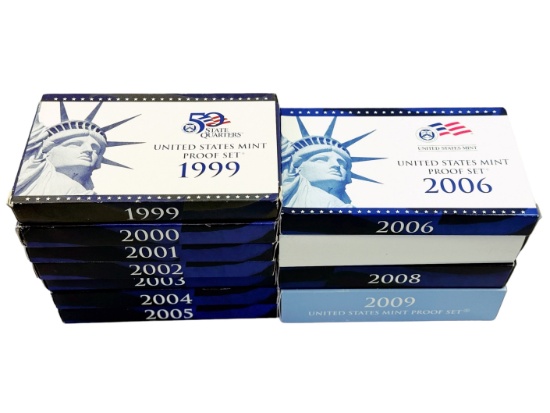 Complete set of 11 proof 5-piece & 6-piece 1999-2009 U.S. state & territorial quarter sets