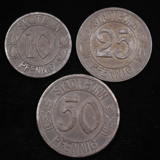 Lot of 3 1920 Bonn, Germany 10, 25 & 50 pefnnig Beethoven iron kriegsgeld tokens