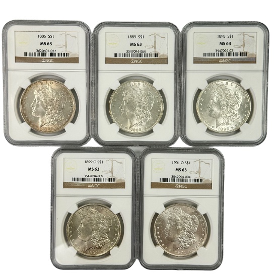Lot of 5 different certified U.S. Morgan silver dollars