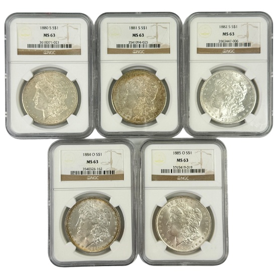 Lot of 5 different certified U.S. Morgan silver dollars