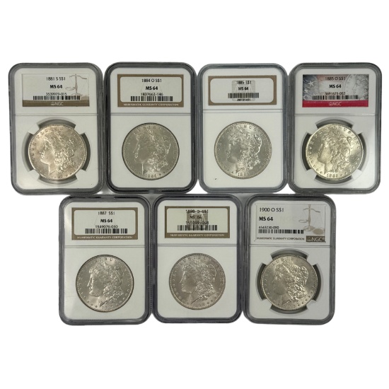 Lot of 7 different certified U.S. Morgan silver dollars
