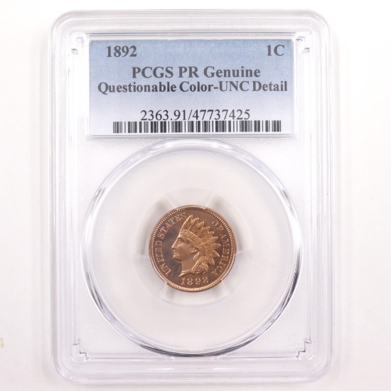 Certified 1892 proof U.S. Indian head cent