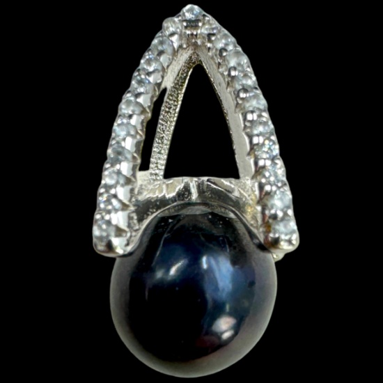 Estate sterling silver diamond & pearl pendant