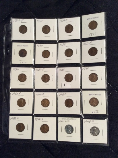 20 Wheat Pennies 1909-1943 Inc. 1943-mint/unc