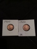 2 Indian Head Pennies 1900, 1902