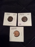 3 Indian Head Pennies 1901, 1904, 1899