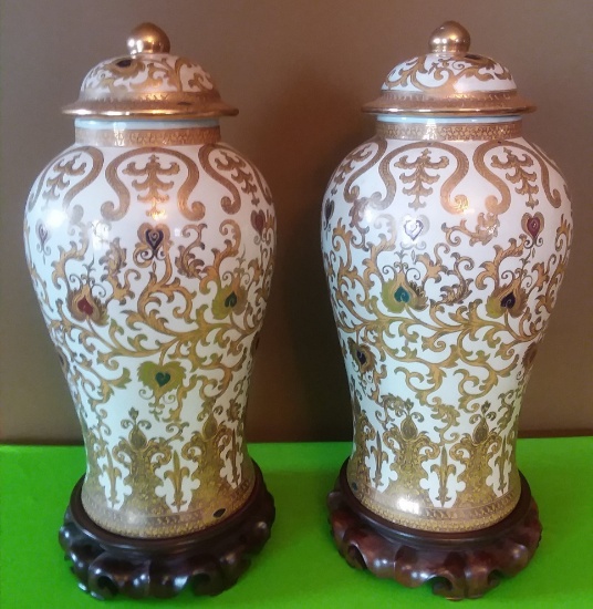 Pair of Oriental Urns 21"T 5.5" W at lid