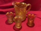 Imperial Marigold Lustra Rose Variant Pitcher With 3 Tumblers