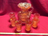 Fenton Marigold Floral & Grape Water Pitcher And Six Tumblers