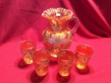 Fenton Marigold Magnolia And Drape Water Pitcher And 4 Tumblers