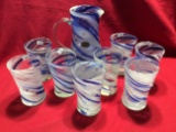Blue Swirl Pitcher And 8 Tumblers