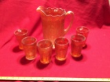 Pink Butterfly And Leaf 7 Piece Set. Pitcher And 6 Tumbler