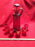 Carnival Glass Wine Decanter And 6 Wine Glasses