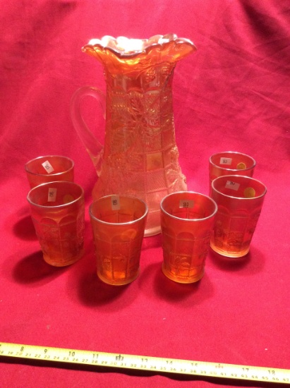 Fenton Marigold Blackberry Block Water Pitcher and 6 Tumblers