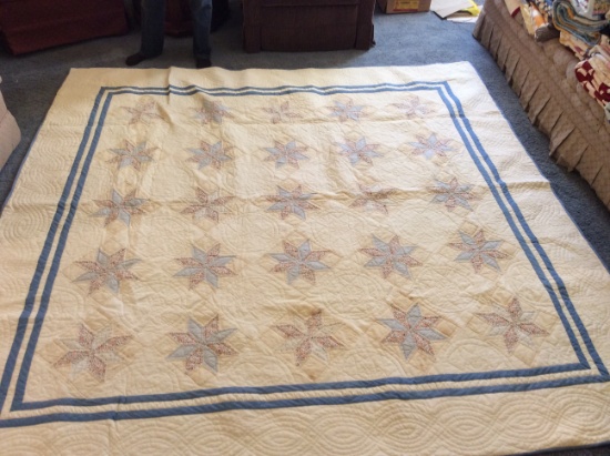 Blue and White Star Pattern Quilt (some stains) 93x93