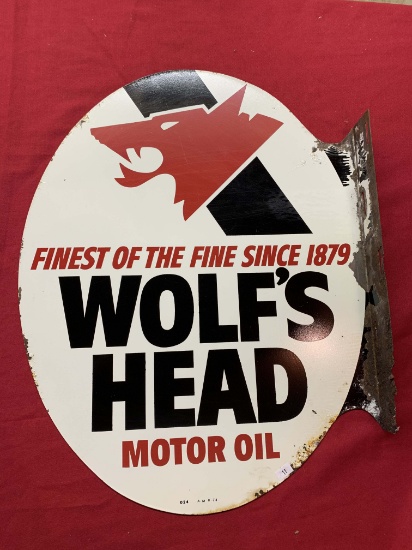 Wolf's Head Enamel, Double-Sided Flange Sign, 17x22 inches