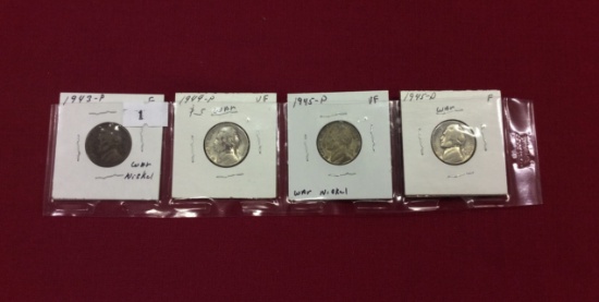 4 Jefferson Silver (Sil) War Nickels f-V.F., 1944-P, 1945-P, 1949-D, 1943-P