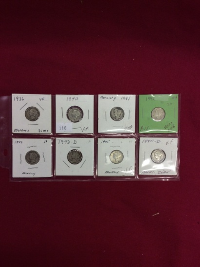 8 Silver Mercury Dimes 1936-1945-D, 2X2, F, A.U.