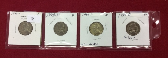 4 Jefferson Silver War Nickels, F-X.F., 1942-P, 1943-P, 1944-P, 1944-D