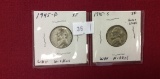 2 Silver Jefferson War Nickels, X-X.F., 45-D, 45-S