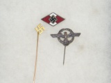 Lot of 3 German items 2 stick pins unmarked, 1 enamel Hitler youth piece ma