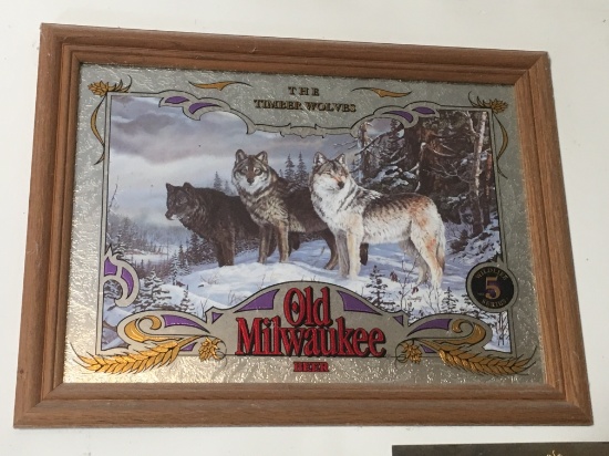 Framed Old Milwaukee Beer Wildlife Advertisement "The Timber Wolves"
