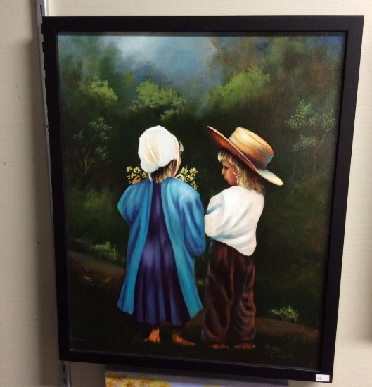 Children Painting, Framed & Signed 19.5x15.5 in.