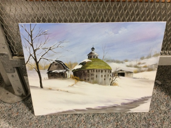 Round Barn Winter Painting, Signed 11x14 in.