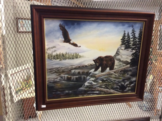 Framed Bear & Eagle Painting, Signed 15.5x19.5 in.
