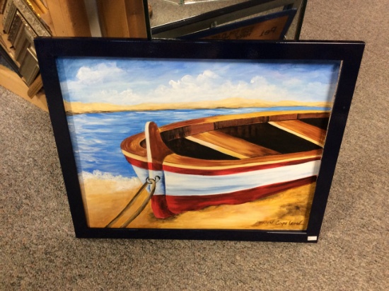 Red & White Boat Signed Painting 15.5 x 19.5 in.